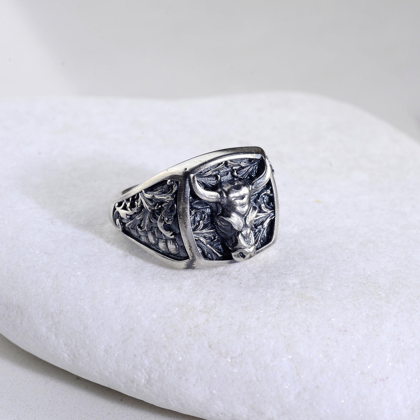 Sterling Silver Bull Head Signet Ring, Handmade Animal Jewelry