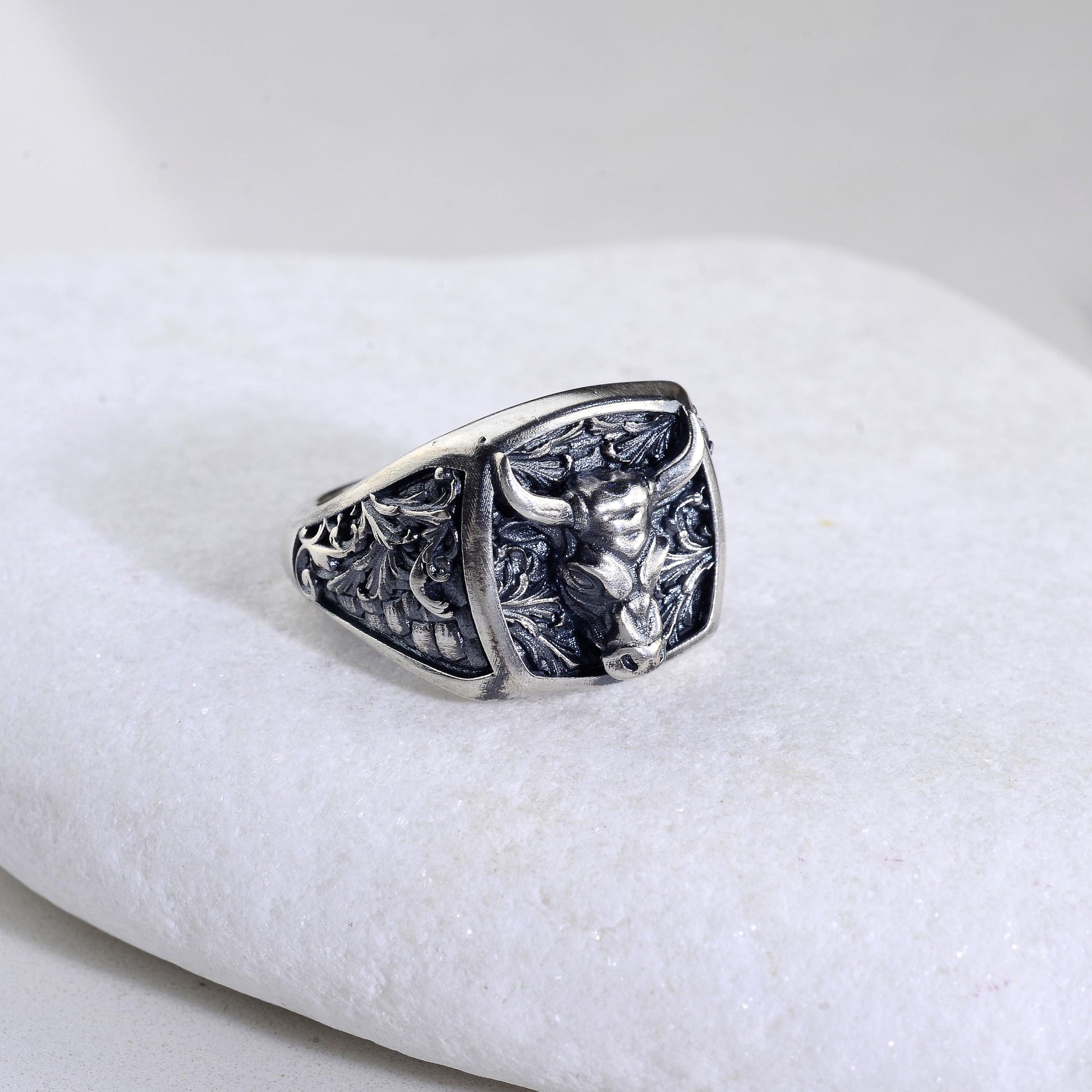 Sterling Silver Bull Head Signet Ring, Handmade Animal Jewelry