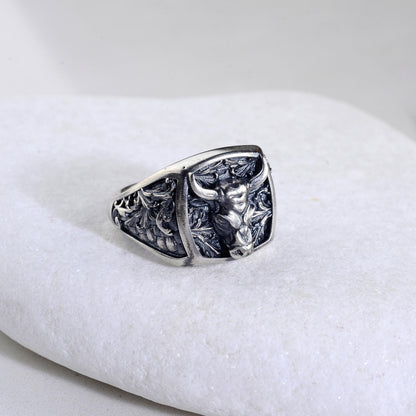 Sterling Silver Bull Head Signet Ring, Handmade Animal Jewelry