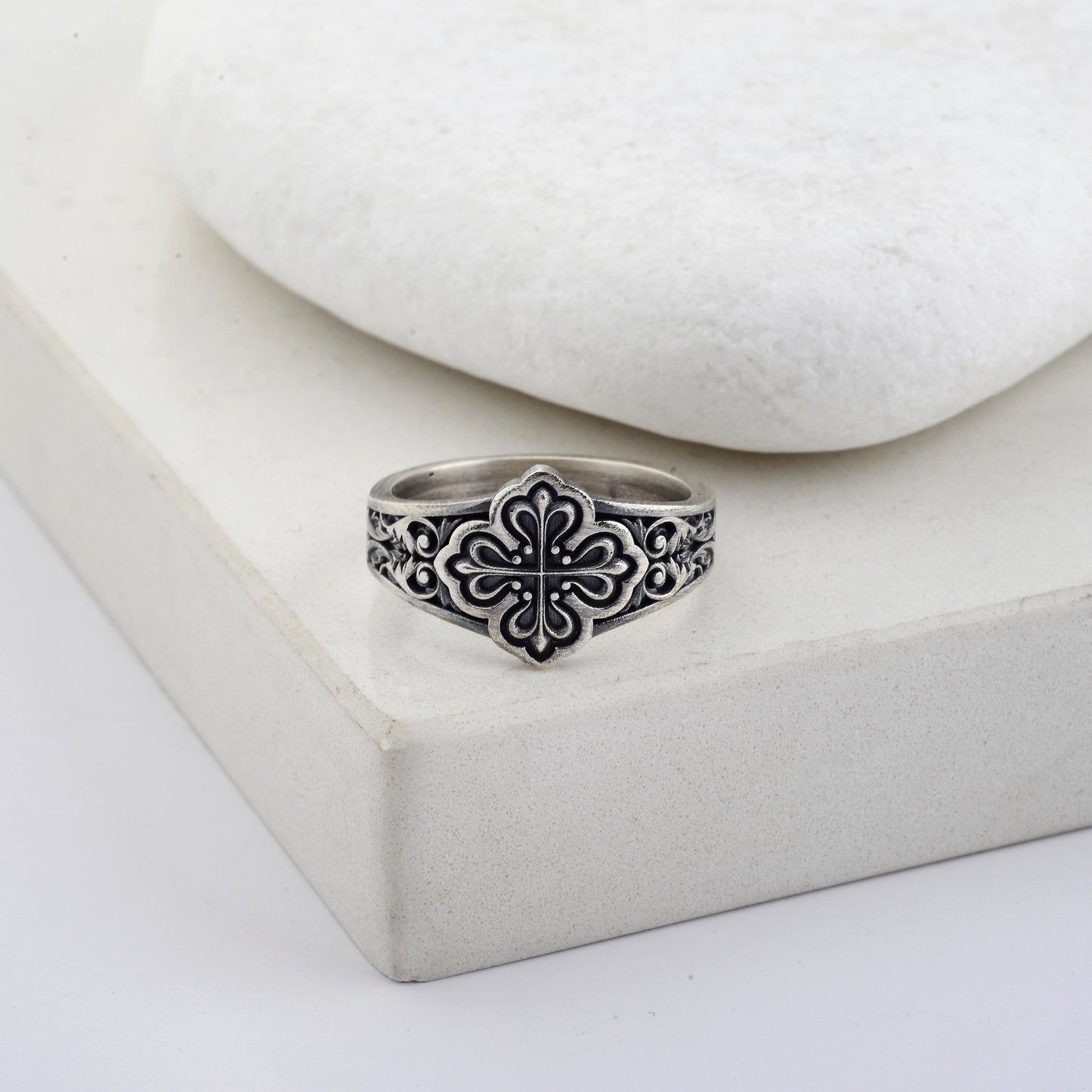 Sterling Silver Celtic Cross Ring: Handmade Clover Signet