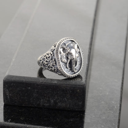 Sterling Silver Elephant Ring, Animal Talisman, Mens Jewelry Gift
