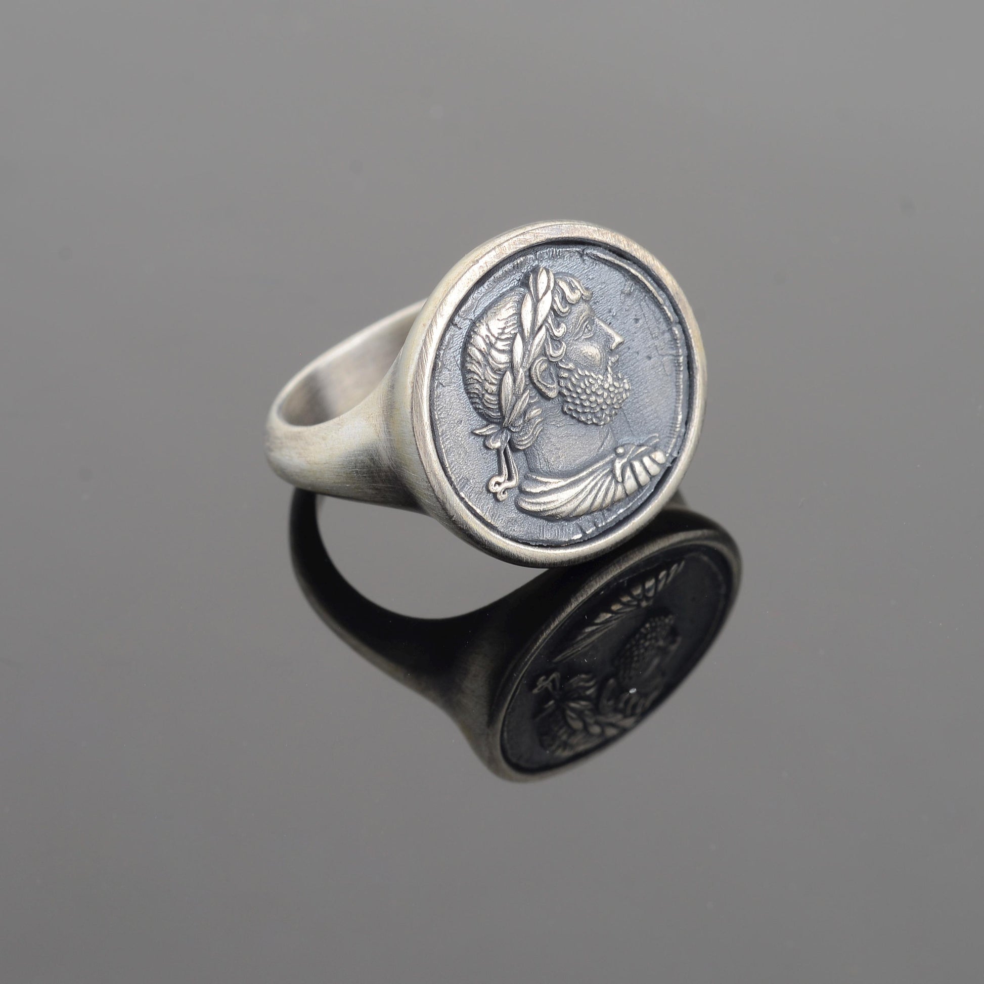 Sterling Silver Julius Caesar Coin Signet Ring, Archaic Greek Jewelry