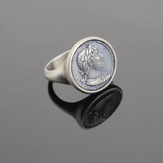 Sterling Silver Julius Caesar Coin Signet Ring, Archaic Greek Jewelry