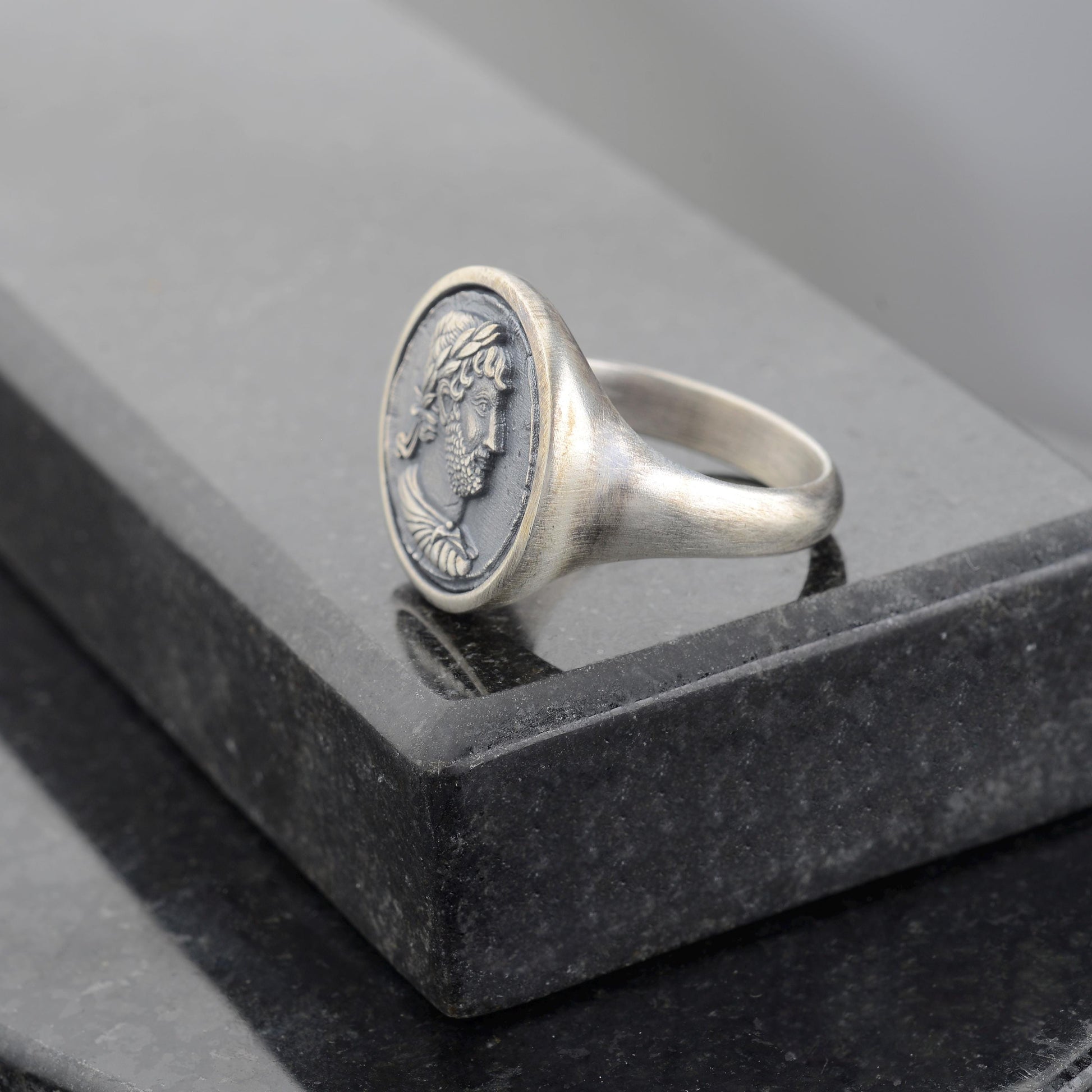 Sterling Silver Julius Caesar Coin Signet Ring, Archaic Greek Jewelry
