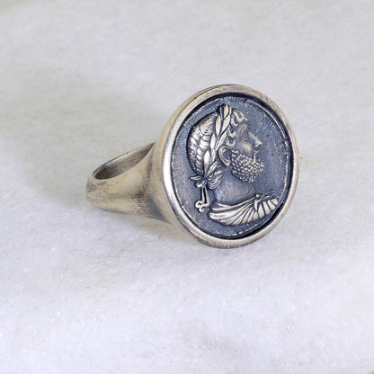 Sterling Silver Julius Caesar Coin Signet Ring, Archaic Greek Jewelry