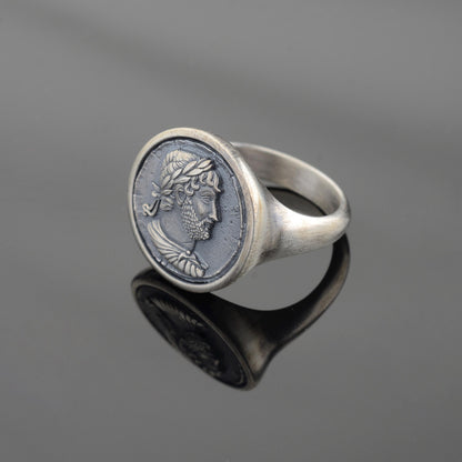 Sterling Silver Julius Caesar Coin Signet Ring, Archaic Greek Jewelry