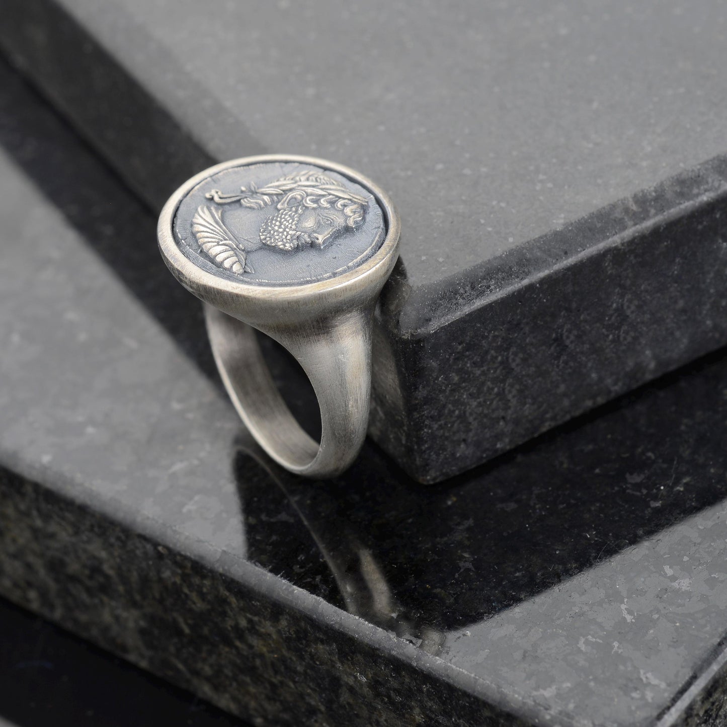 Sterling Silver Julius Caesar Coin Signet Ring, Archaic Greek Jewelry