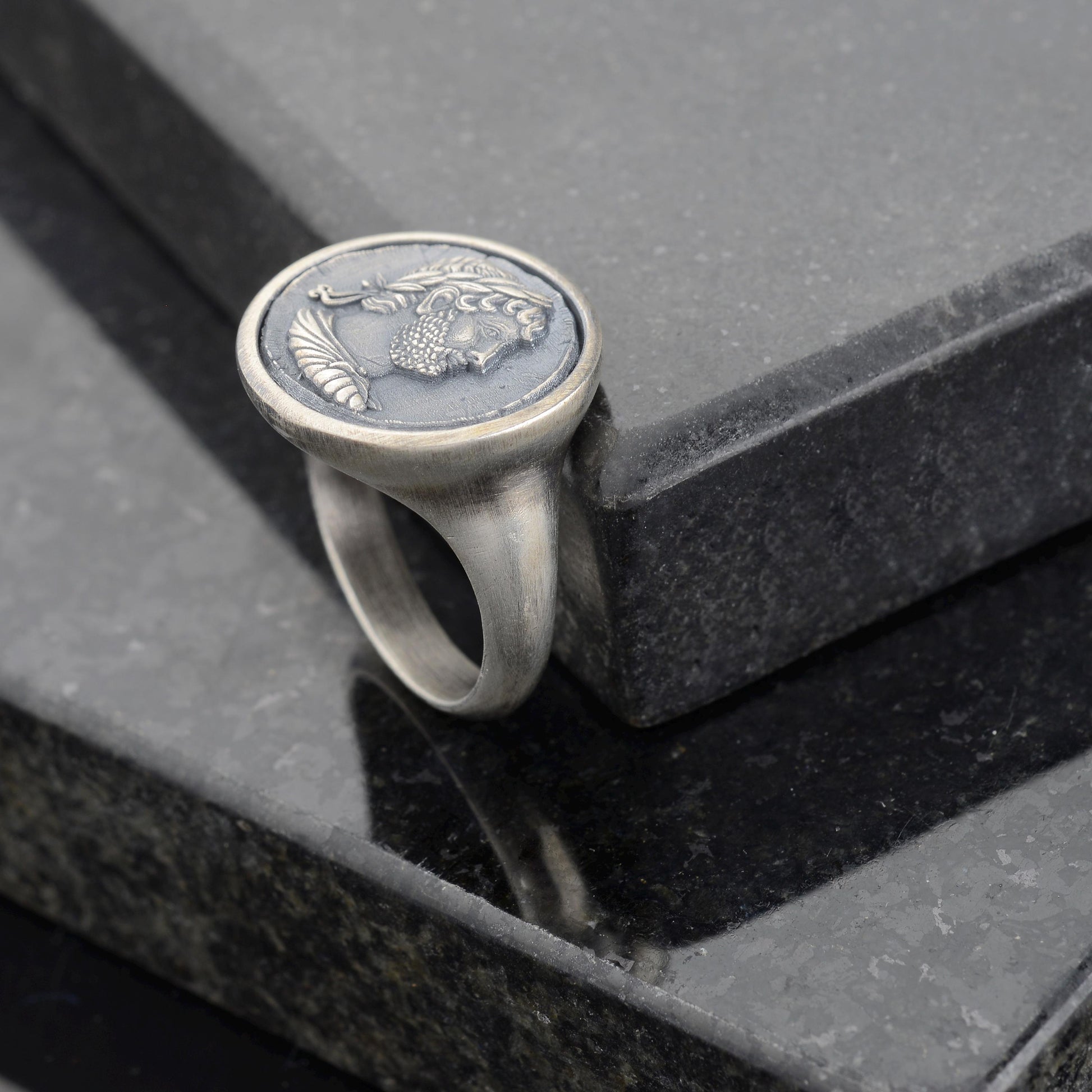 Sterling Silver Julius Caesar Coin Signet Ring, Archaic Greek Jewelry