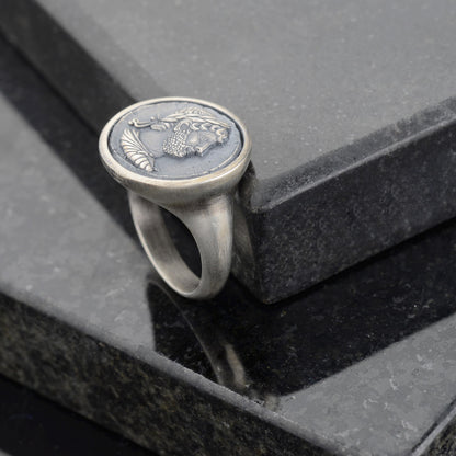 Sterling Silver Julius Caesar Coin Signet Ring, Archaic Greek Jewelry