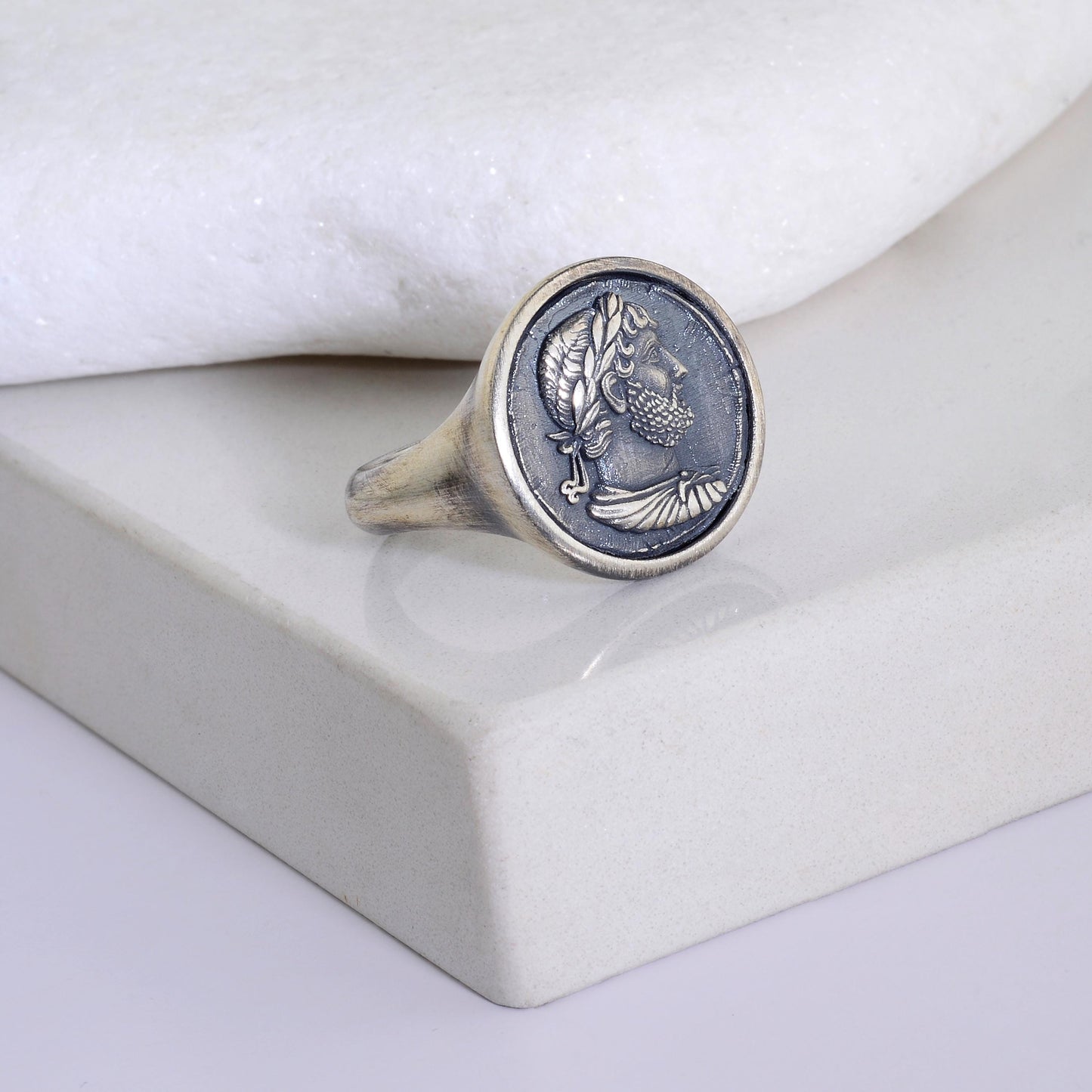 Sterling Silver Julius Caesar Coin Signet Ring, Archaic Greek Jewelry