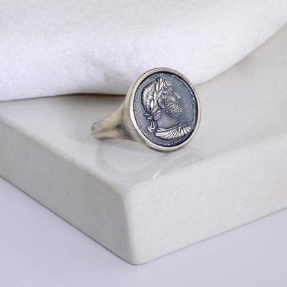 Sterling Silver Julius Caesar Coin Signet Ring, Archaic Greek Jewelry