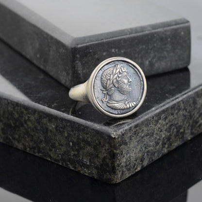 Sterling Silver Julius Caesar Coin Signet Ring, Archaic Greek Jewelry