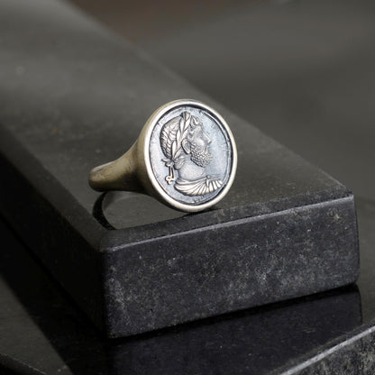 Sterling Silver Julius Caesar Coin Signet Ring, Archaic Greek Jewelry