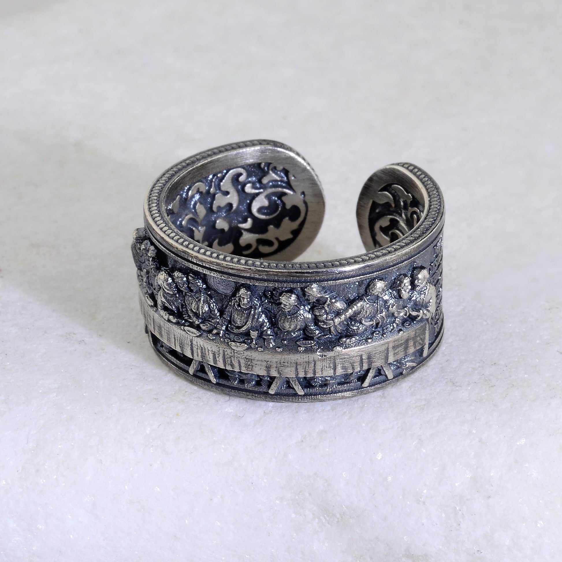 Sterling Silver Last Supper Ring: Engraved Da Vinci Renaissance Jewelry