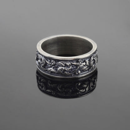 Sterling Silver Leaf Pattern Ring, Unisex Floral Band