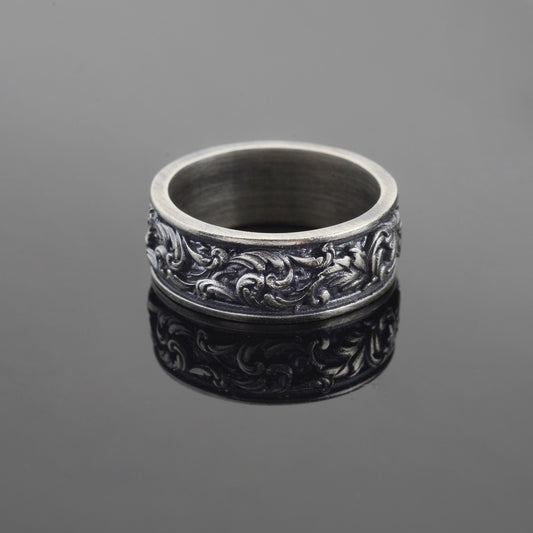 Sterling Silver Leaf Pattern Ring, Unisex Floral Band