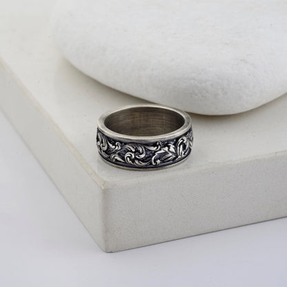 Sterling Silver Leaf Pattern Ring, Unisex Floral Band