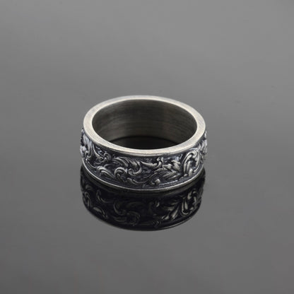 Sterling Silver Leaf Pattern Ring, Unisex Floral Band