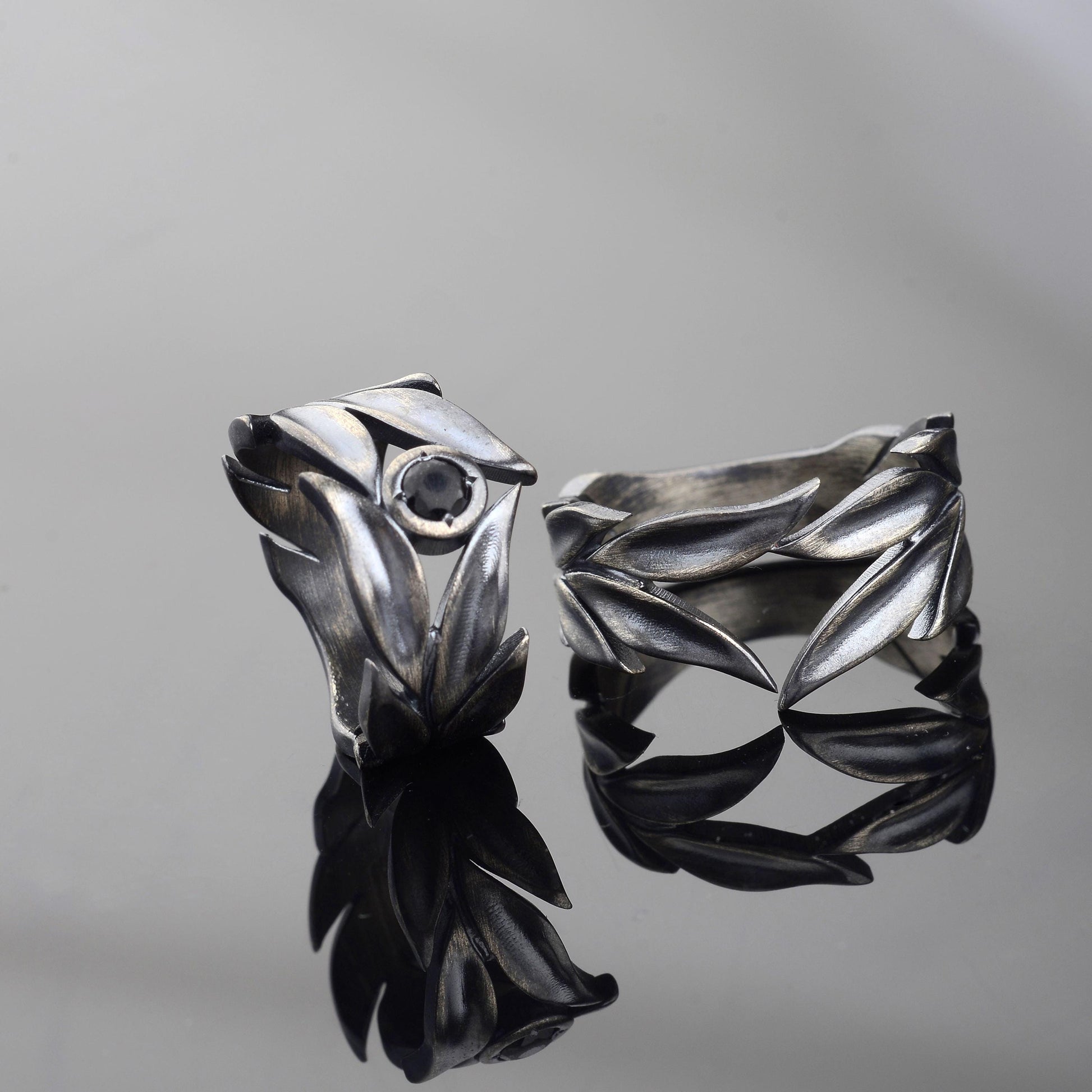 Sterling Silver Leaves Ring Set: Black Onyx Wedding Bands