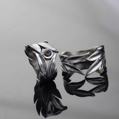 Sterling Silver Leaves Ring Set: Black Onyx Wedding Bands