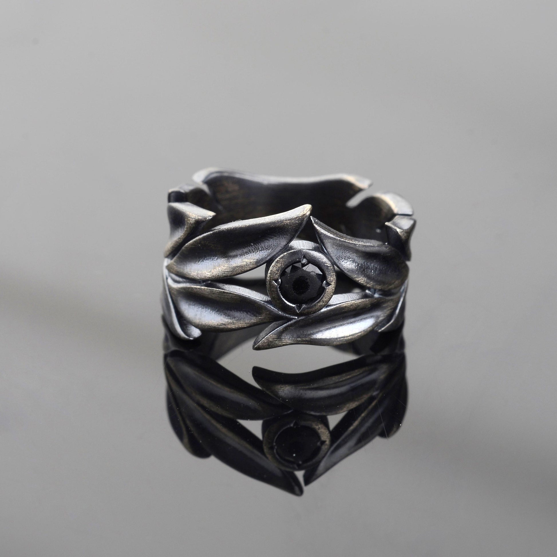 Sterling Silver Leaves Ring Set: Black Onyx Wedding Bands