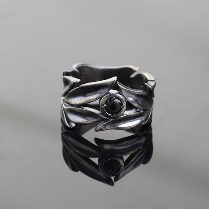 Sterling Silver Leaves Ring Set: Black Onyx Wedding Bands
