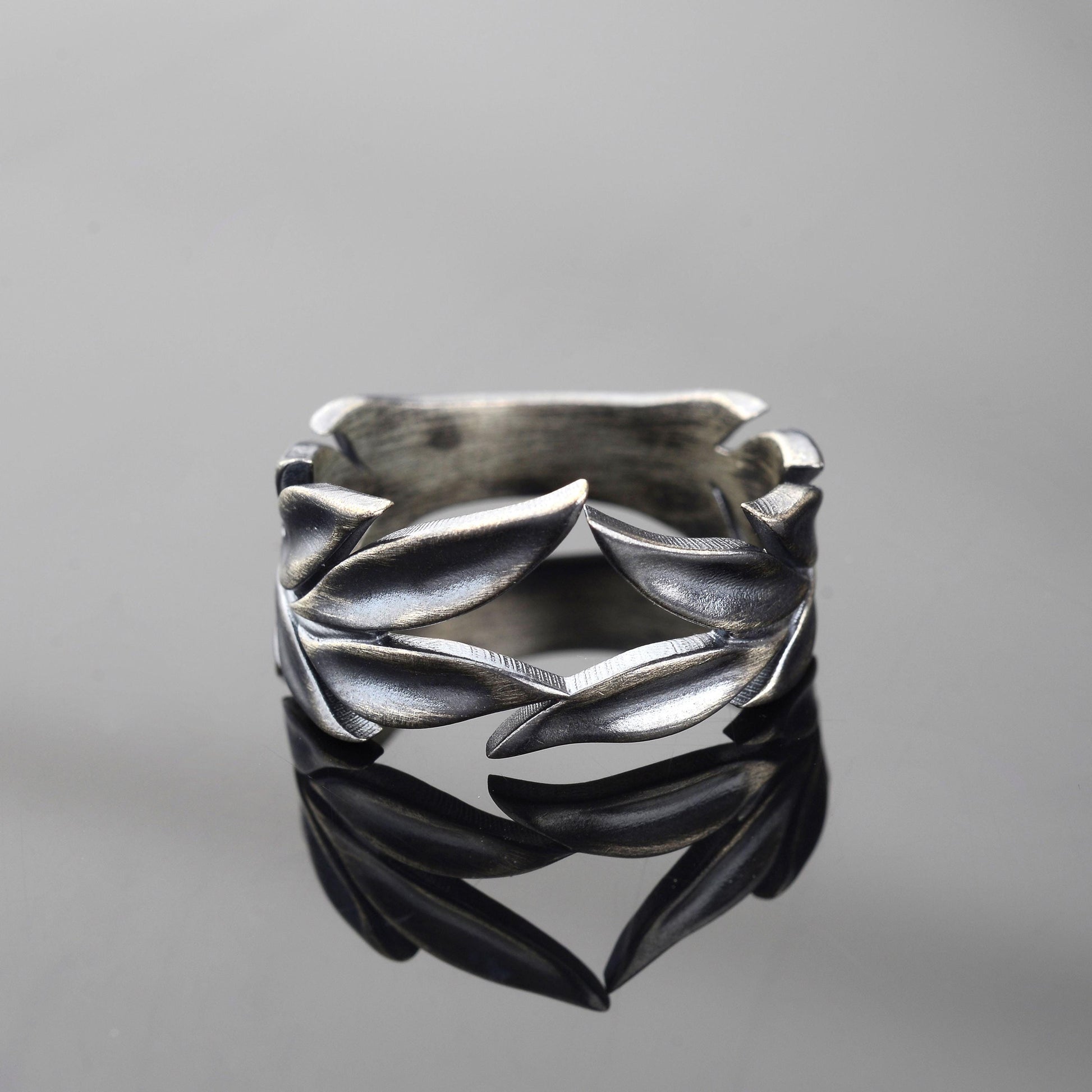Sterling Silver Leaves Ring Set: Black Onyx Wedding Bands
