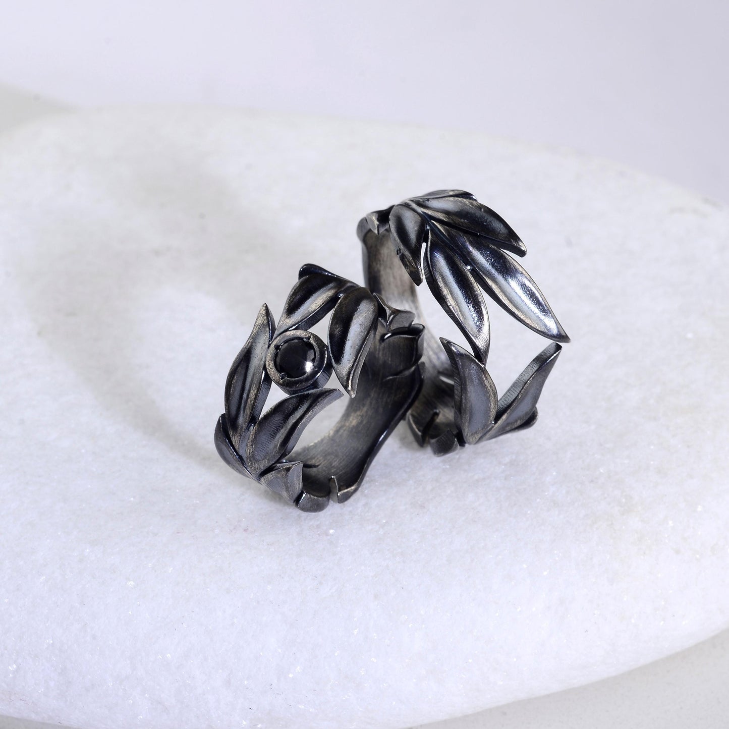 Sterling Silver Leaves Ring Set: Black Onyx Wedding Bands