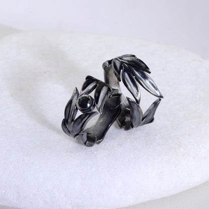 Sterling Silver Leaves Ring Set: Black Onyx Wedding Bands