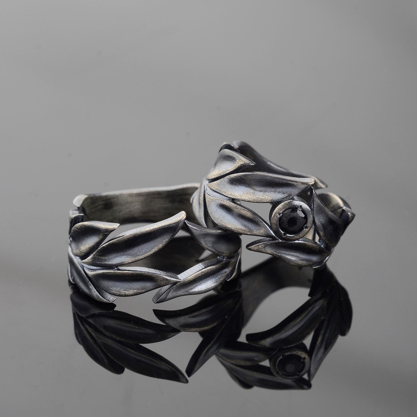 Sterling Silver Leaves Ring Set: Black Onyx Wedding Bands