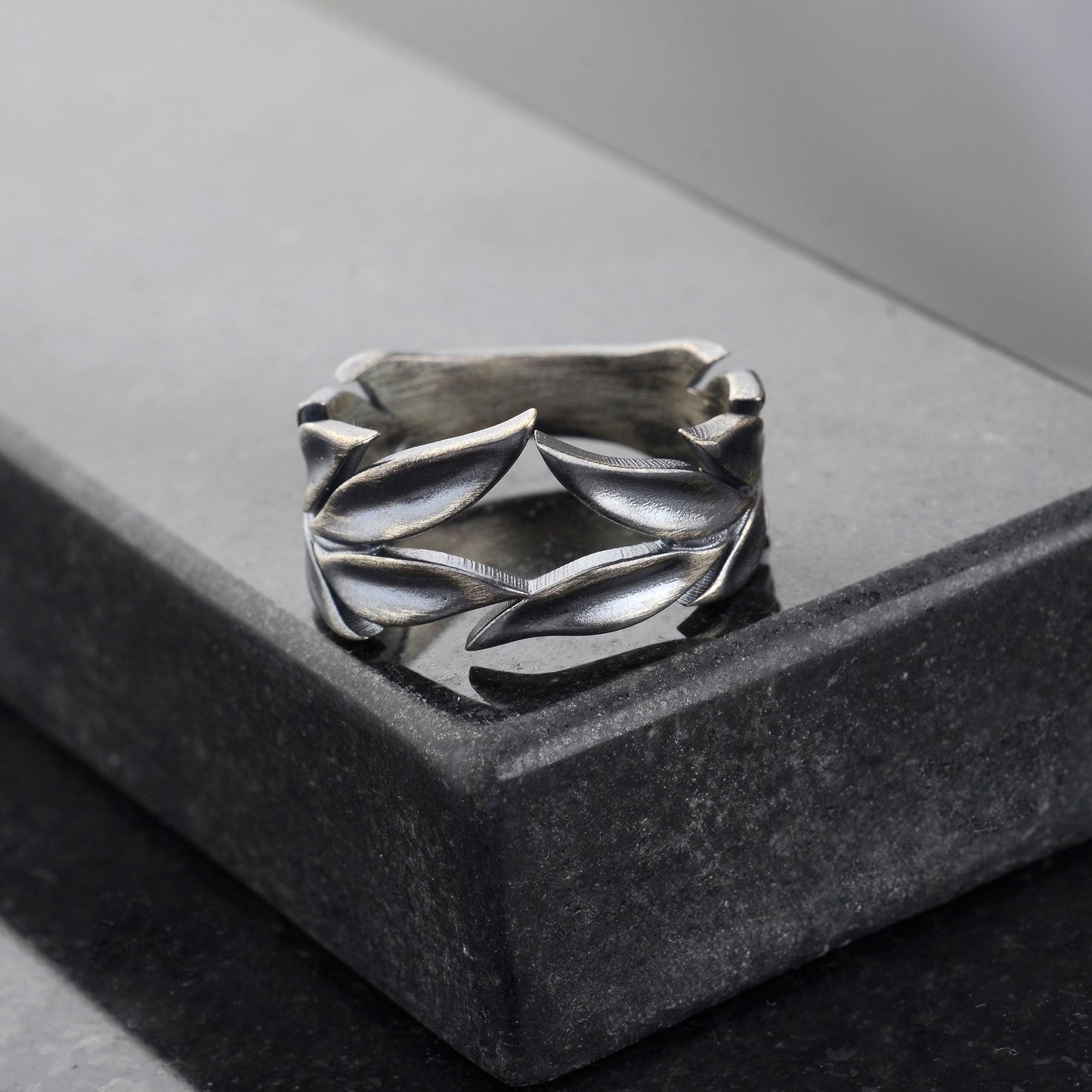 Sterling Silver Leaves Ring Set: Black Onyx Wedding Bands