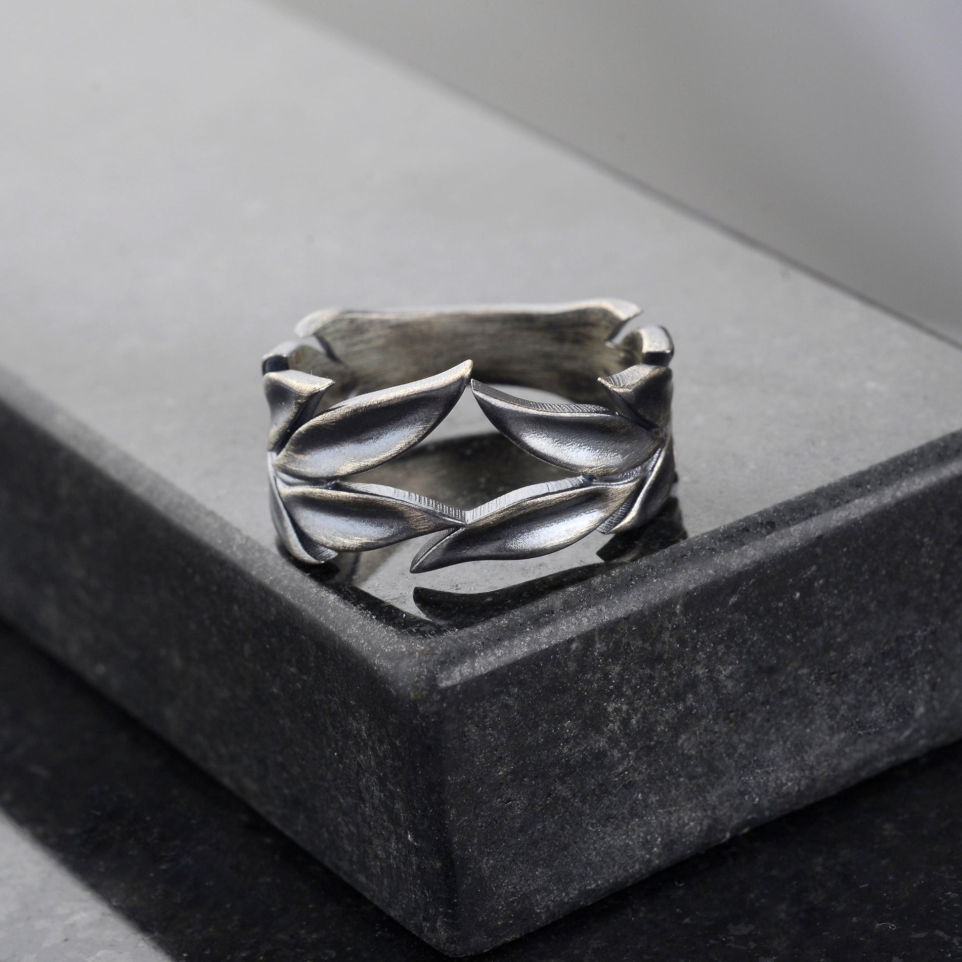 Sterling Silver Leaves Ring Set: Black Onyx Wedding Bands