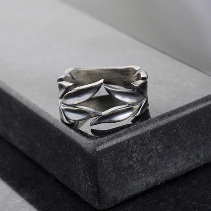 Sterling Silver Leaves Ring Set: Black Onyx Wedding Bands