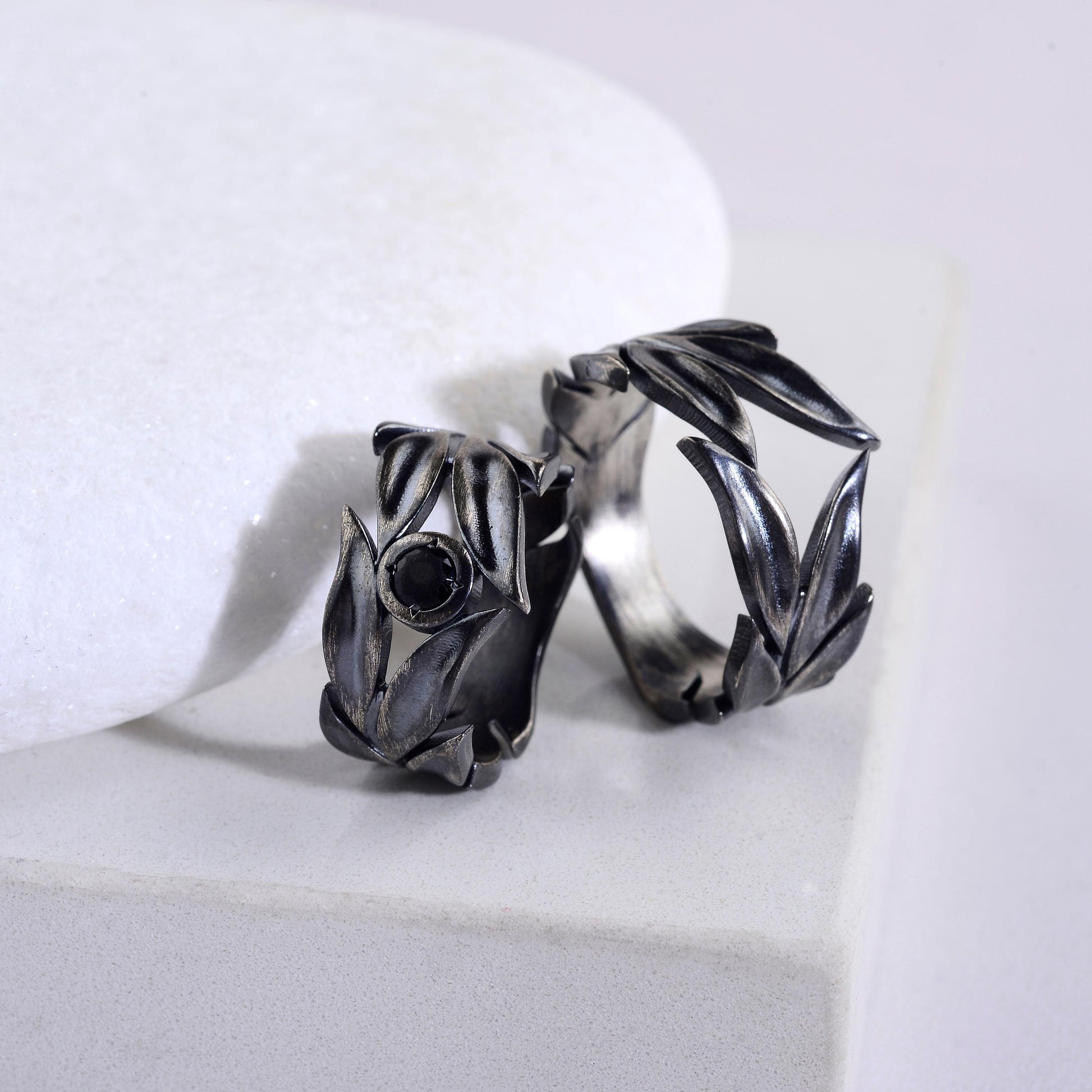 Sterling Silver Leaves Ring Set: Black Onyx Wedding Bands