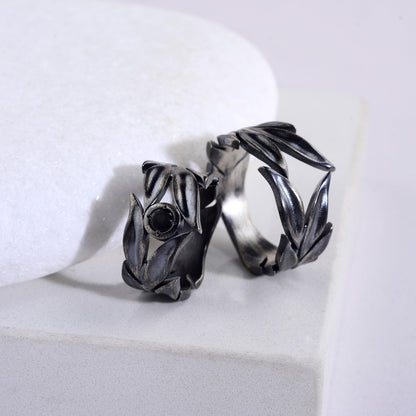 Sterling Silver Leaves Ring Set: Black Onyx Wedding Bands
