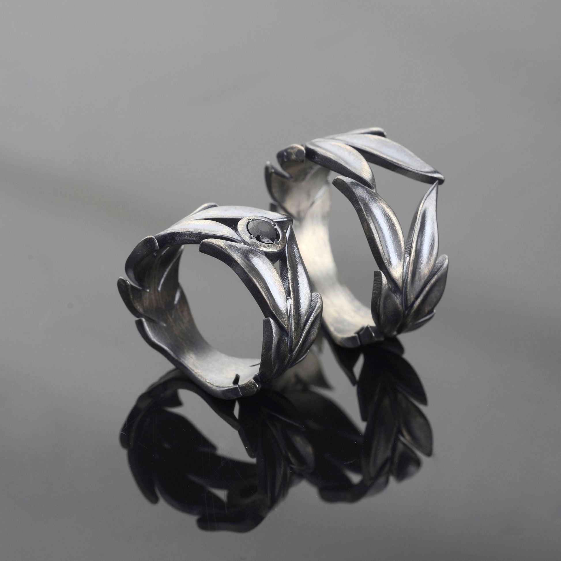 Sterling Silver Leaves Ring Set: Black Onyx Wedding Bands