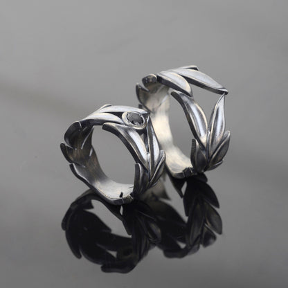 Sterling Silver Leaves Ring Set: Black Onyx Wedding Bands