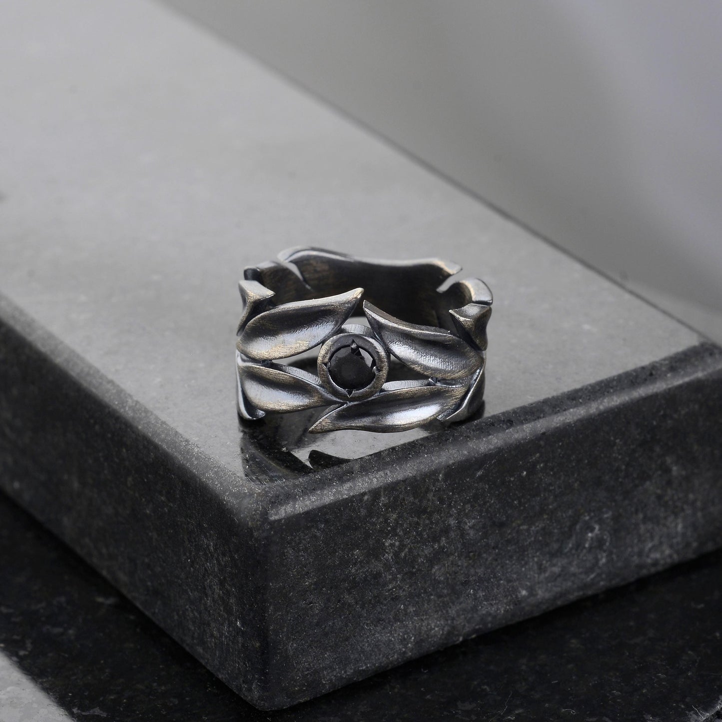 Sterling Silver Leaves Ring Set: Black Onyx Wedding Bands
