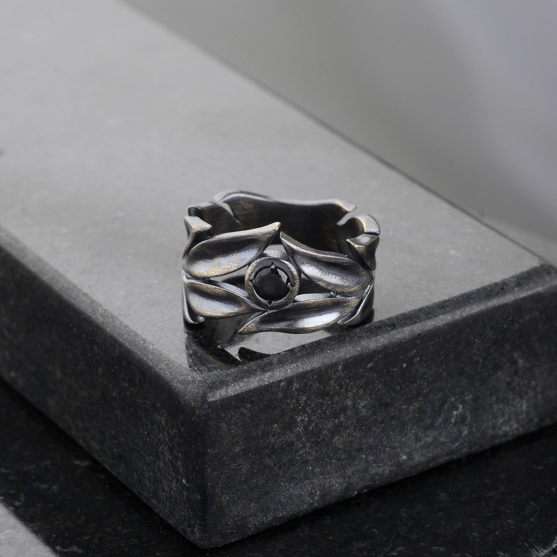 Sterling Silver Leaves Ring Set: Black Onyx Wedding Bands