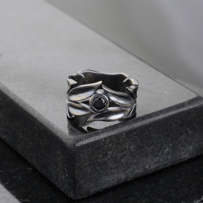 Sterling Silver Leaves Ring Set: Black Onyx Wedding Bands