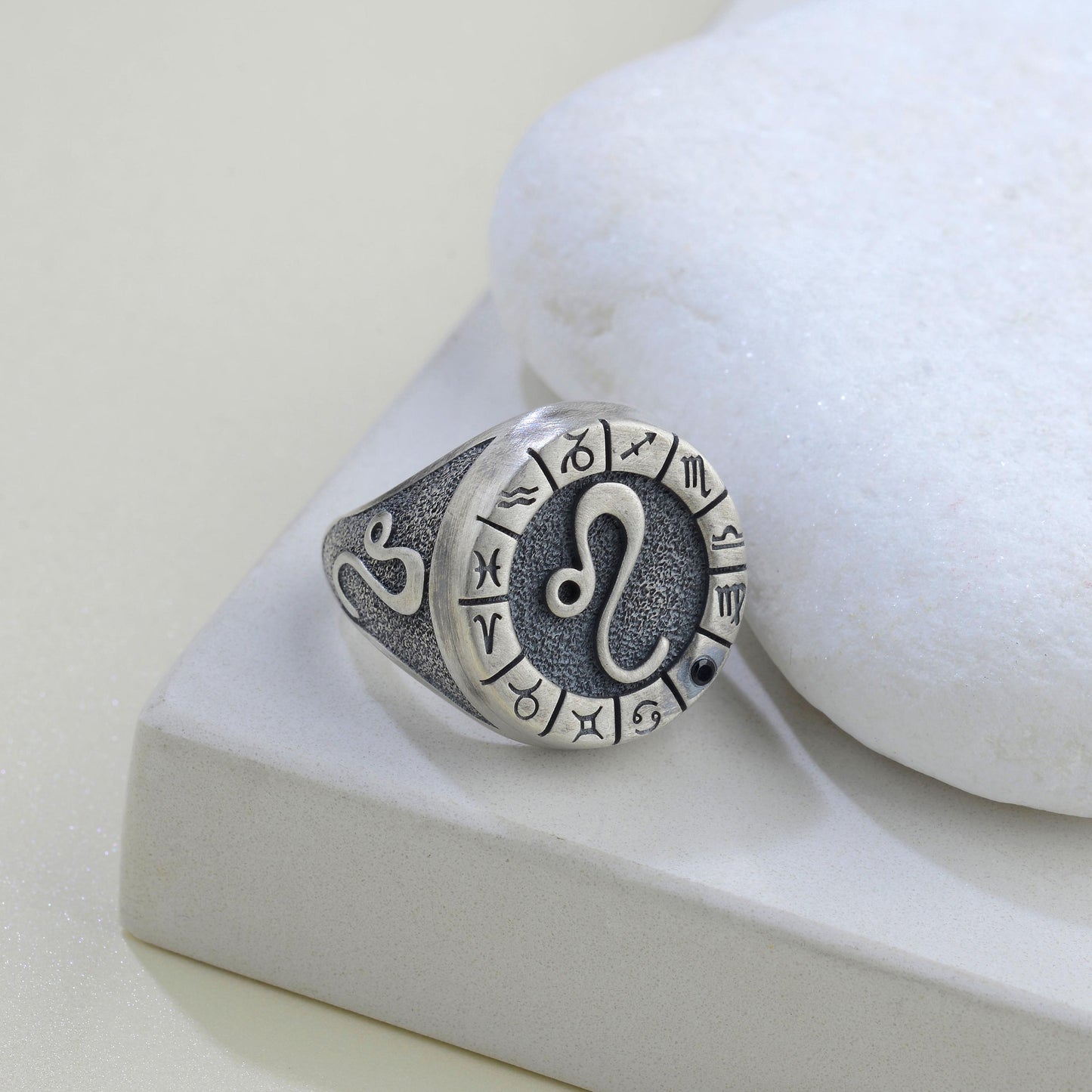 Sterling Silver Leo Zodiac Ring: Birthstone Ring