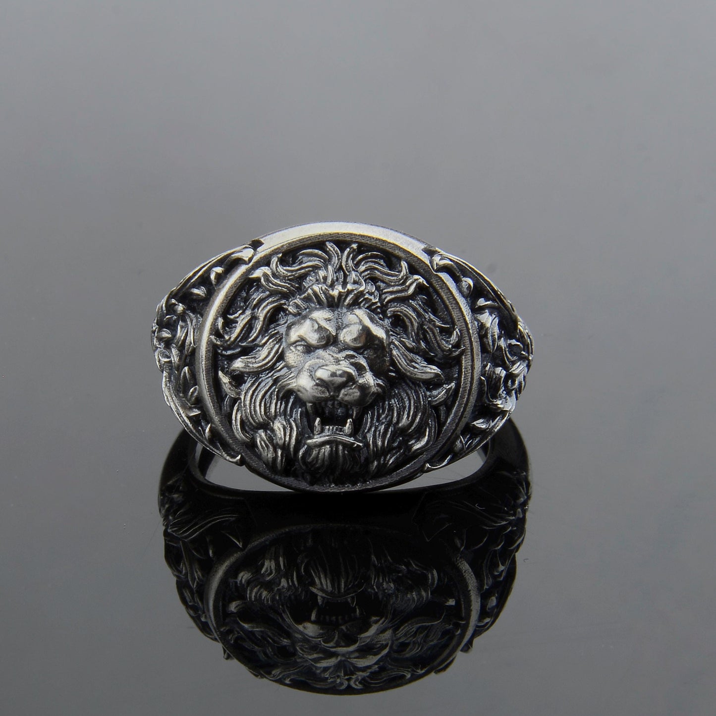 Sterling Silver Lion Head Signet Ring: Handmade Animal Jewelry