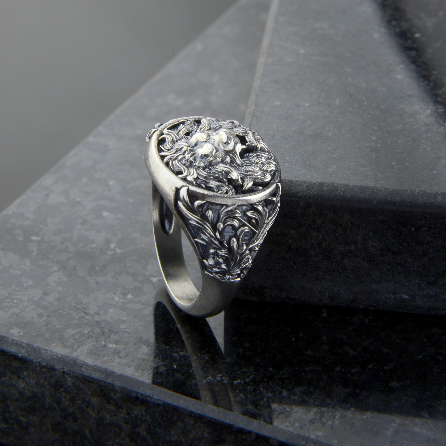 Sterling Silver Lion Head Signet Ring: Handmade Animal Jewelry