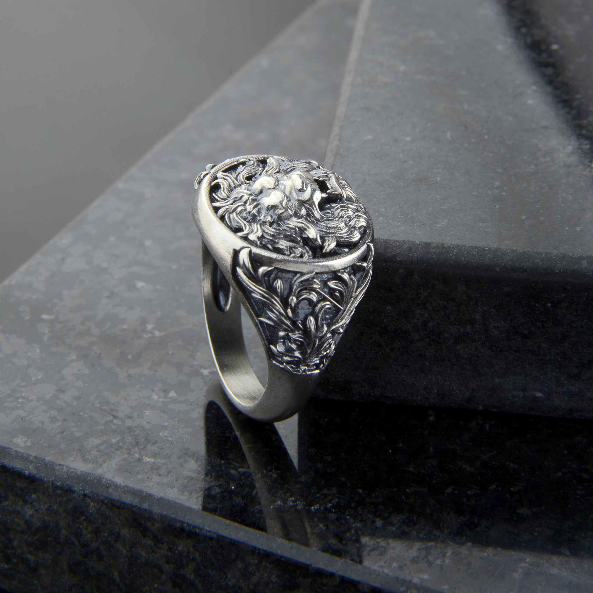 Sterling Silver Lion Head Signet Ring: Handmade Animal Jewelry