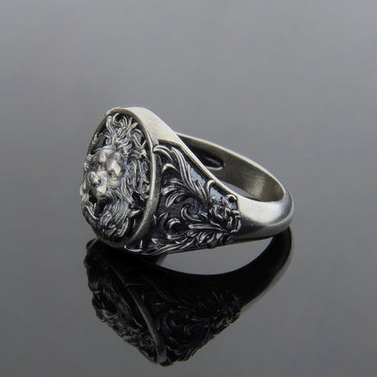 Sterling Silver Lion Head Signet Ring: Handmade Animal Jewelry