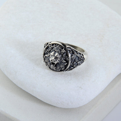 Sterling Silver Lion Head Signet Ring: Handmade Animal Jewelry