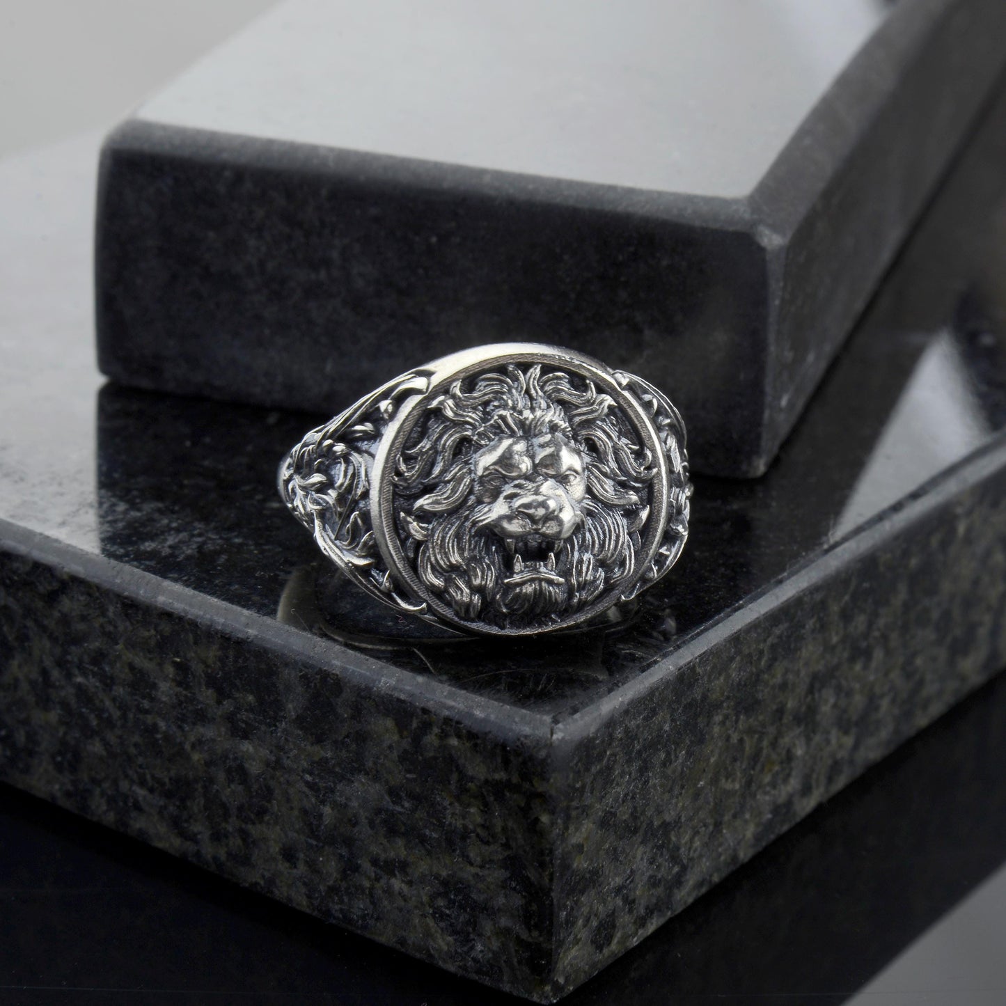 Sterling Silver Lion Head Signet Ring: Handmade Animal Jewelry