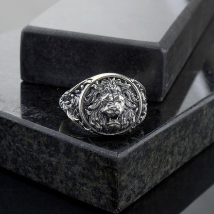 Sterling Silver Lion Head Signet Ring: Handmade Animal Jewelry