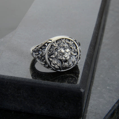 Sterling Silver Lion Head Signet Ring: Handmade Animal Jewelry