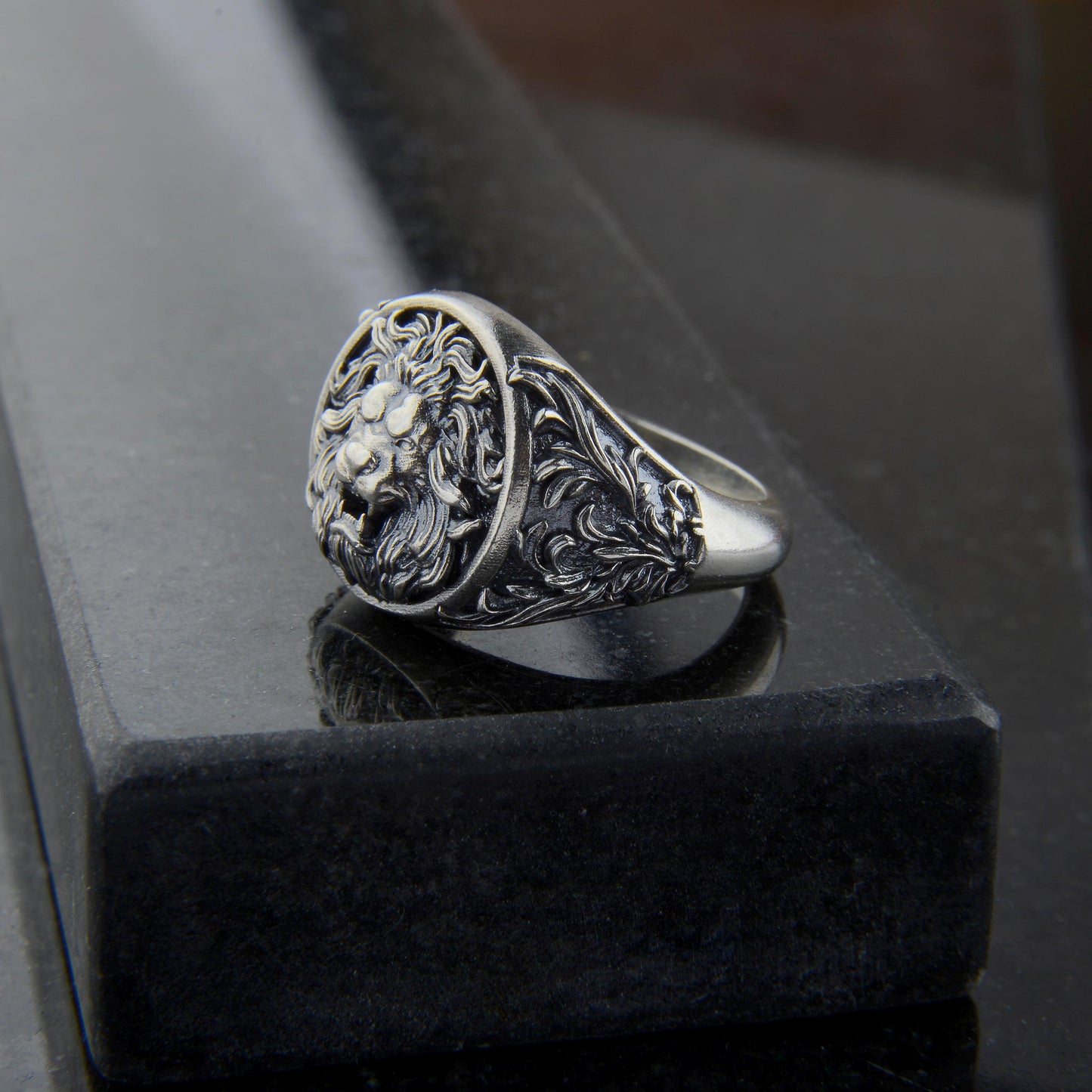 Sterling Silver Lion Head Signet Ring: Handmade Animal Jewelry